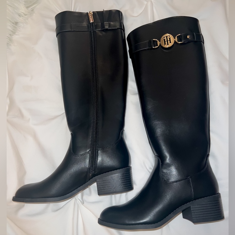 Tommy Hilfiger Leather Knee-High Riding Boots- Black